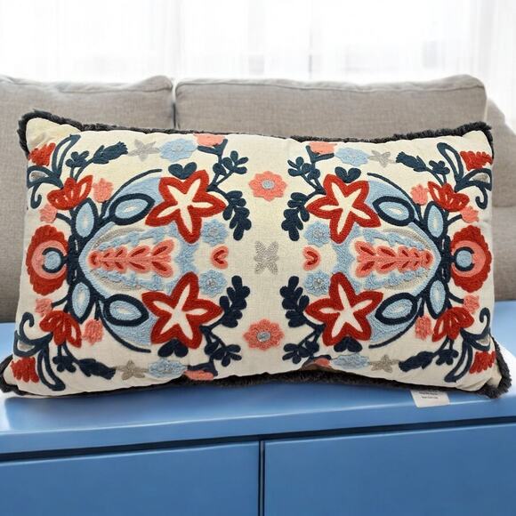 Set of 2 Embroidered Fringed Bold Floral Lumbar Throw Pillows Approx. 24x13x4"
